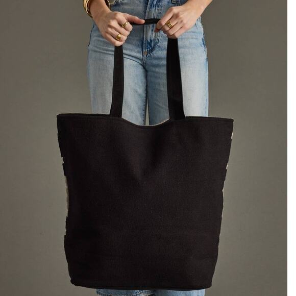 Western Boho Aztec Woven Cotton Shopper Tote Black Taupe Cream Brown Pom Tassel - Picture 3 of 4